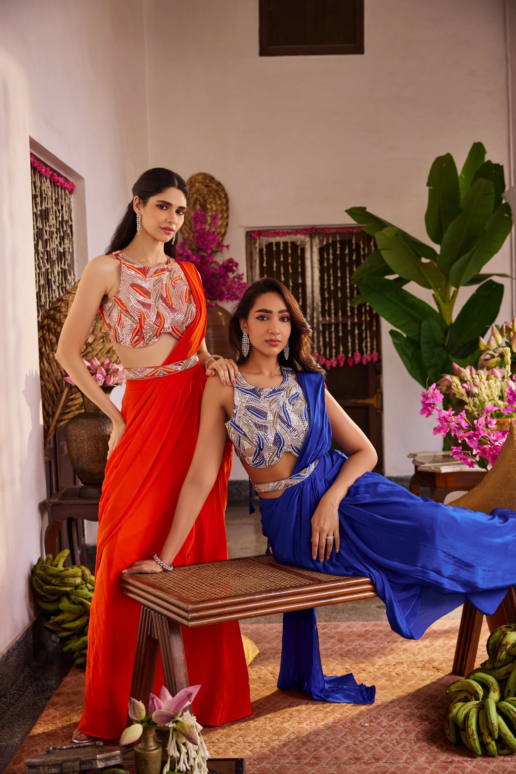 Blue Crepe Drape Saree With Embroidery Blouse - Image 3