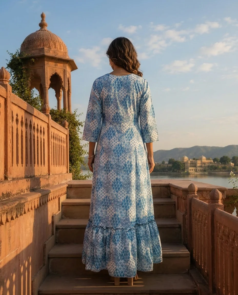 Blue Crepe Floral Patch Printed Long Dress - Image 2