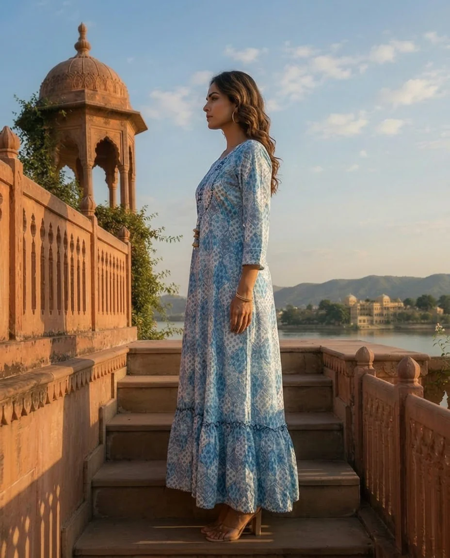 Blue Crepe Floral Patch Printed Long Dress - Image 3