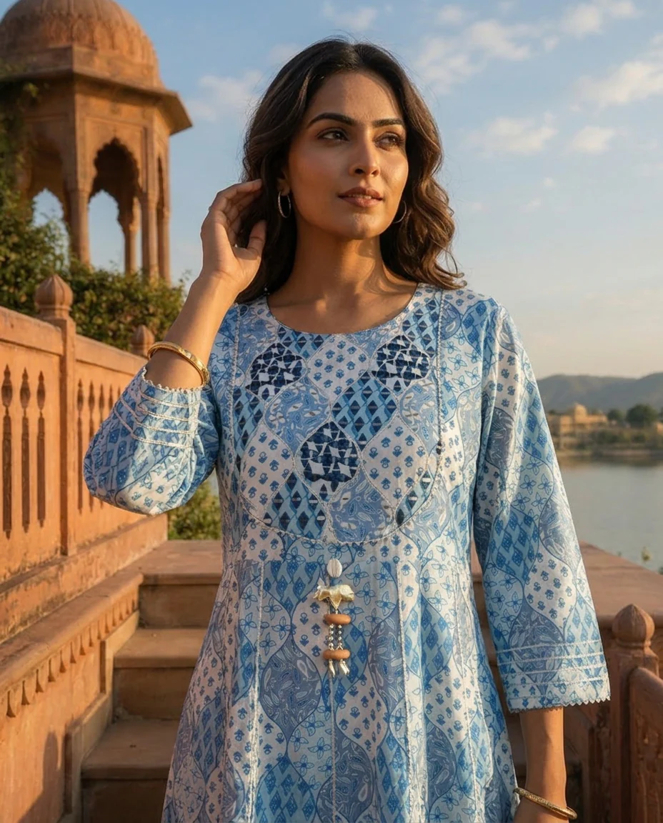 Blue Crepe Floral Patch Printed Long Dress - Image 4