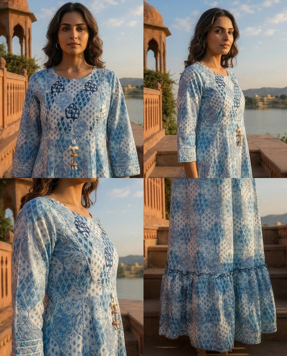 Blue Crepe Floral Patch Printed Long Dress - Image 5