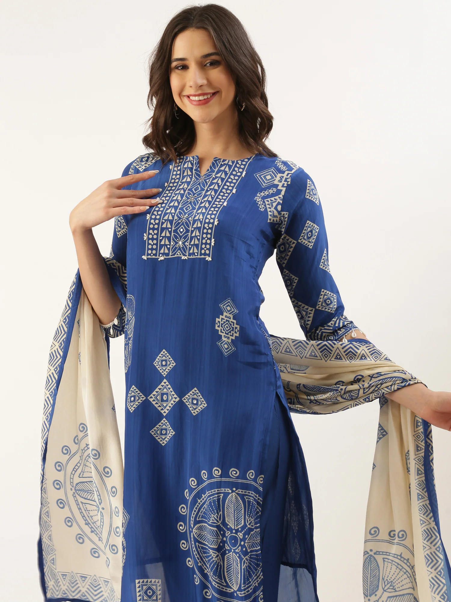 Blue Crepe Printed Three Piece Suit Set - Image 6