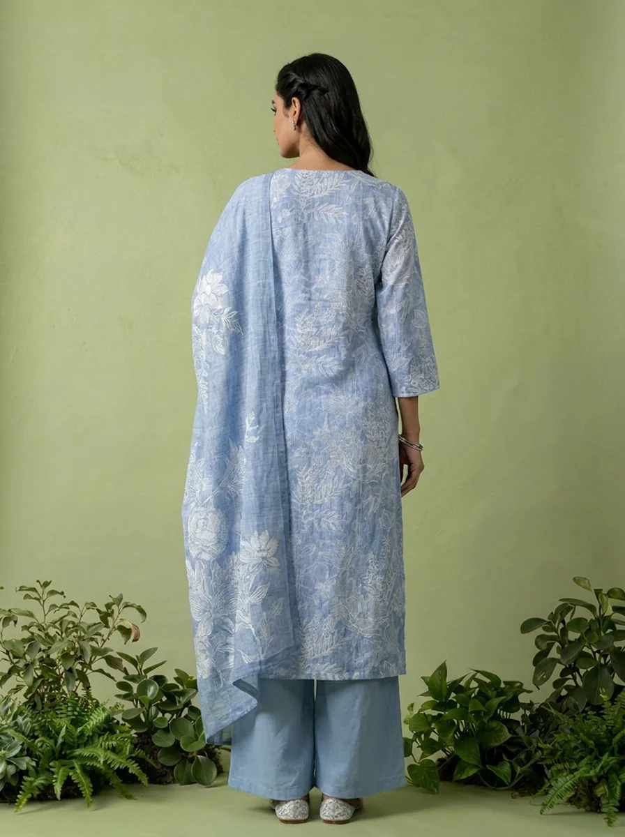 Blue Floral Printed Linen Three Piece Set - Image 2