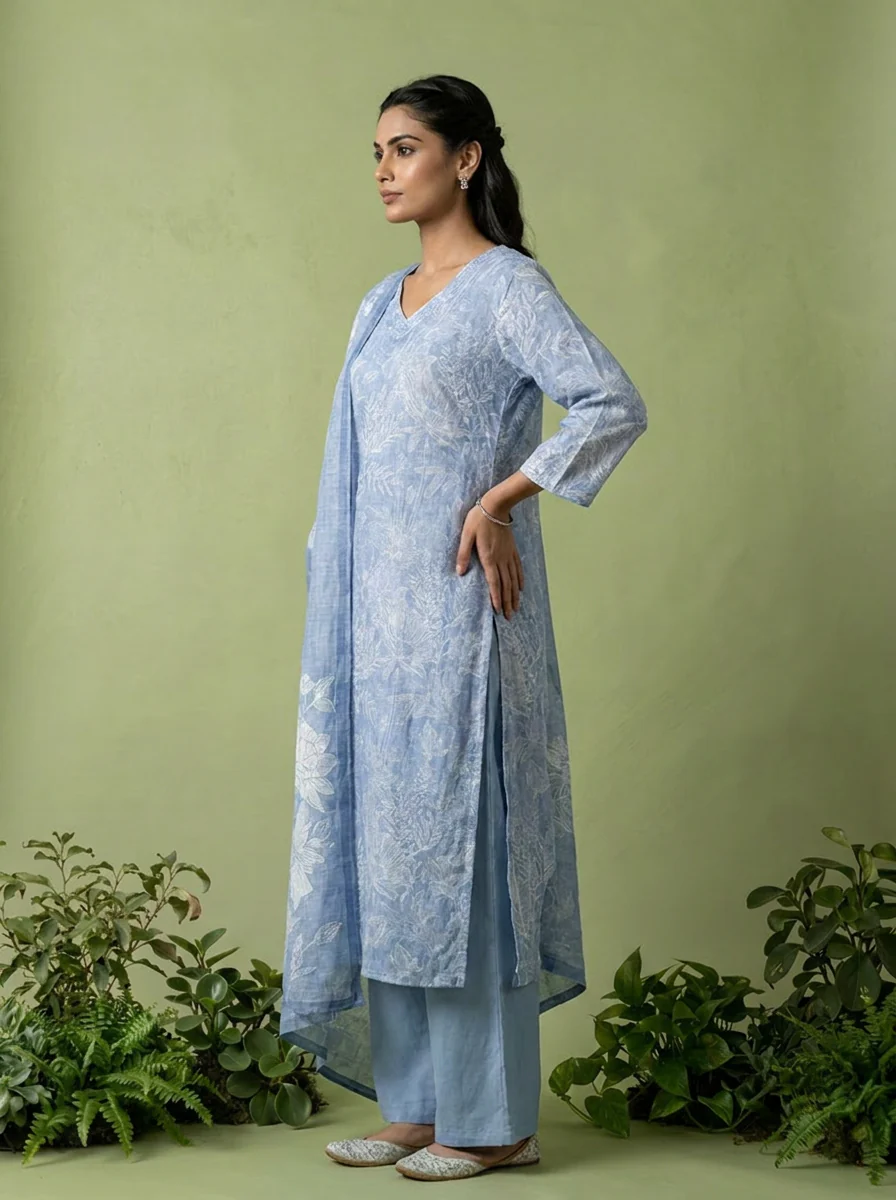 Blue Floral Printed Linen Three Piece Set - Image 3