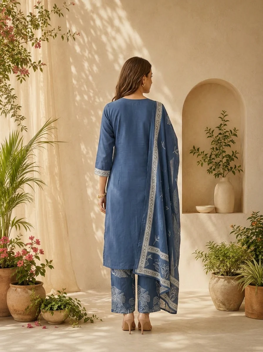 Blue Floral Thread Embroidery And Patch Embroidery Cotton Three Piece Set - Image 2