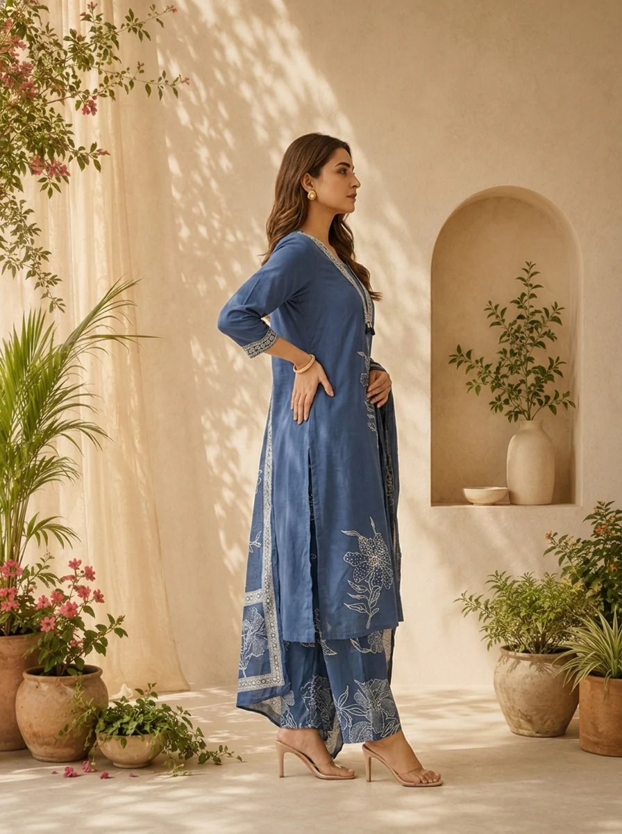 Blue Floral Thread Embroidery And Patch Embroidery Cotton Three Piece Set - Image 3