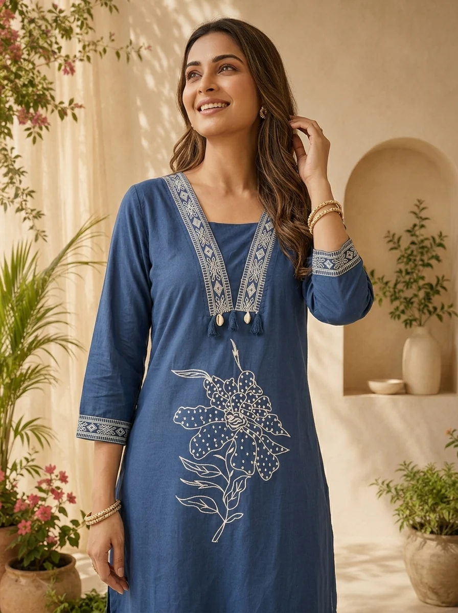 Blue Floral Thread Embroidery And Patch Embroidery Cotton Three Piece Set - Image 4