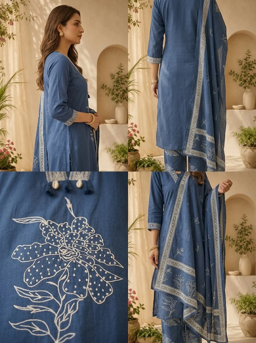 Blue Floral Thread Embroidery And Patch Embroidery Cotton Three Piece Set - Image 5