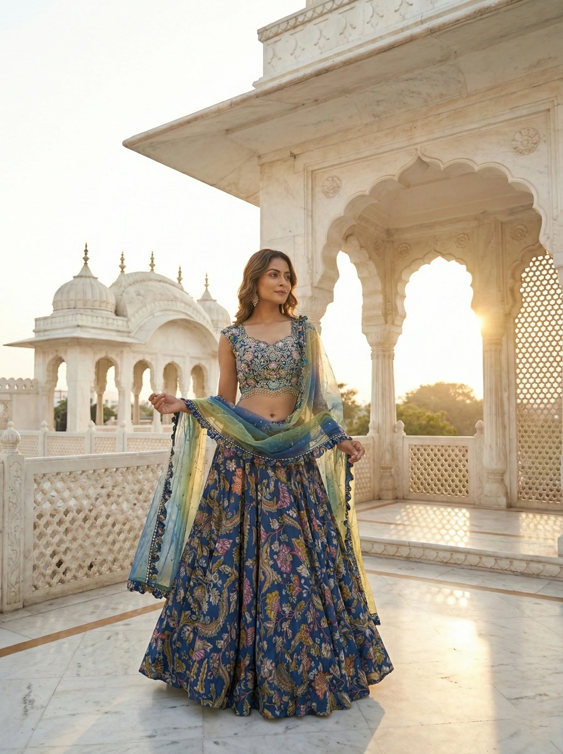 Blue Georgette Floral Digital Print Ghagra Set - Image 2