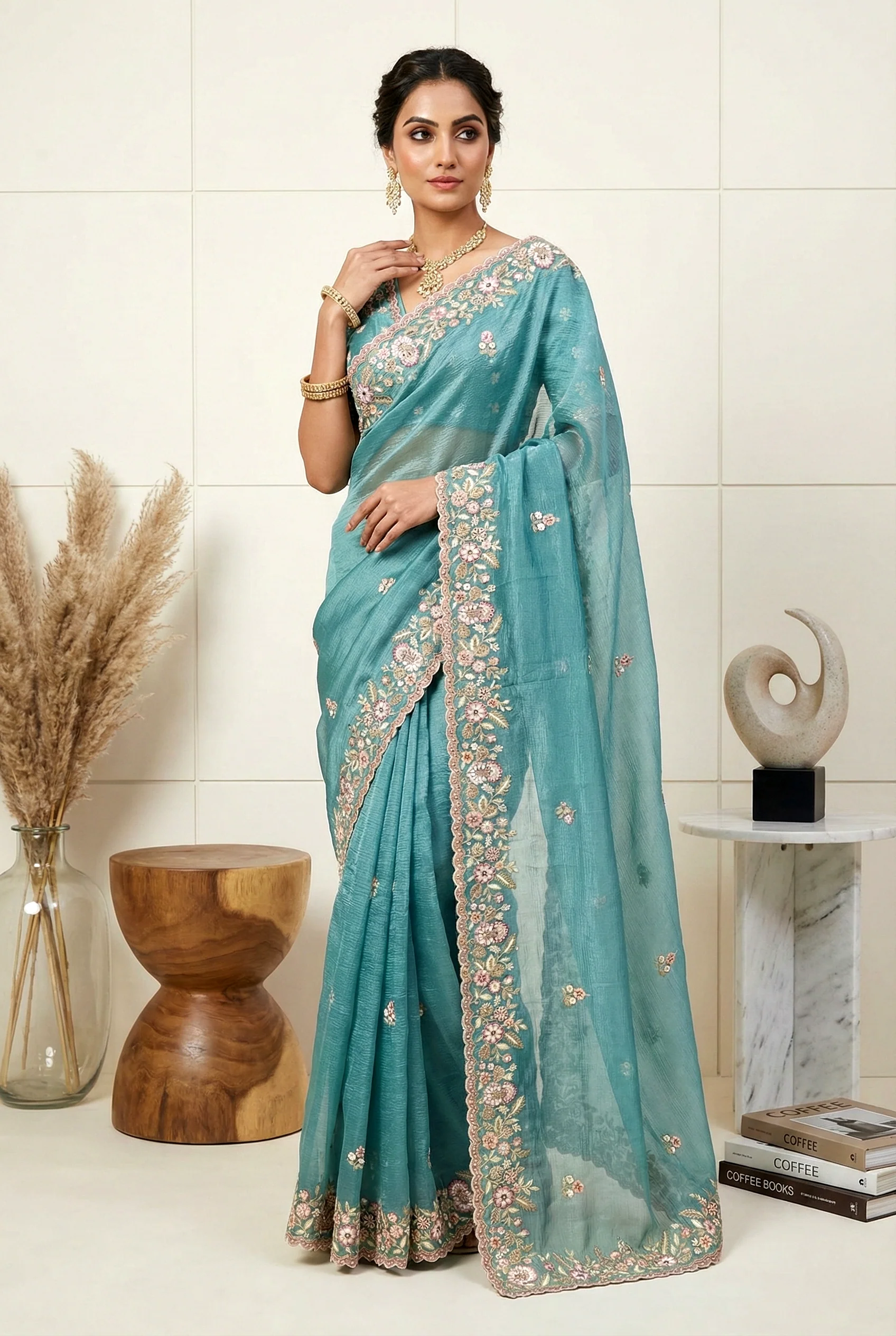 Blue Georgette Floral Embroidery Saree