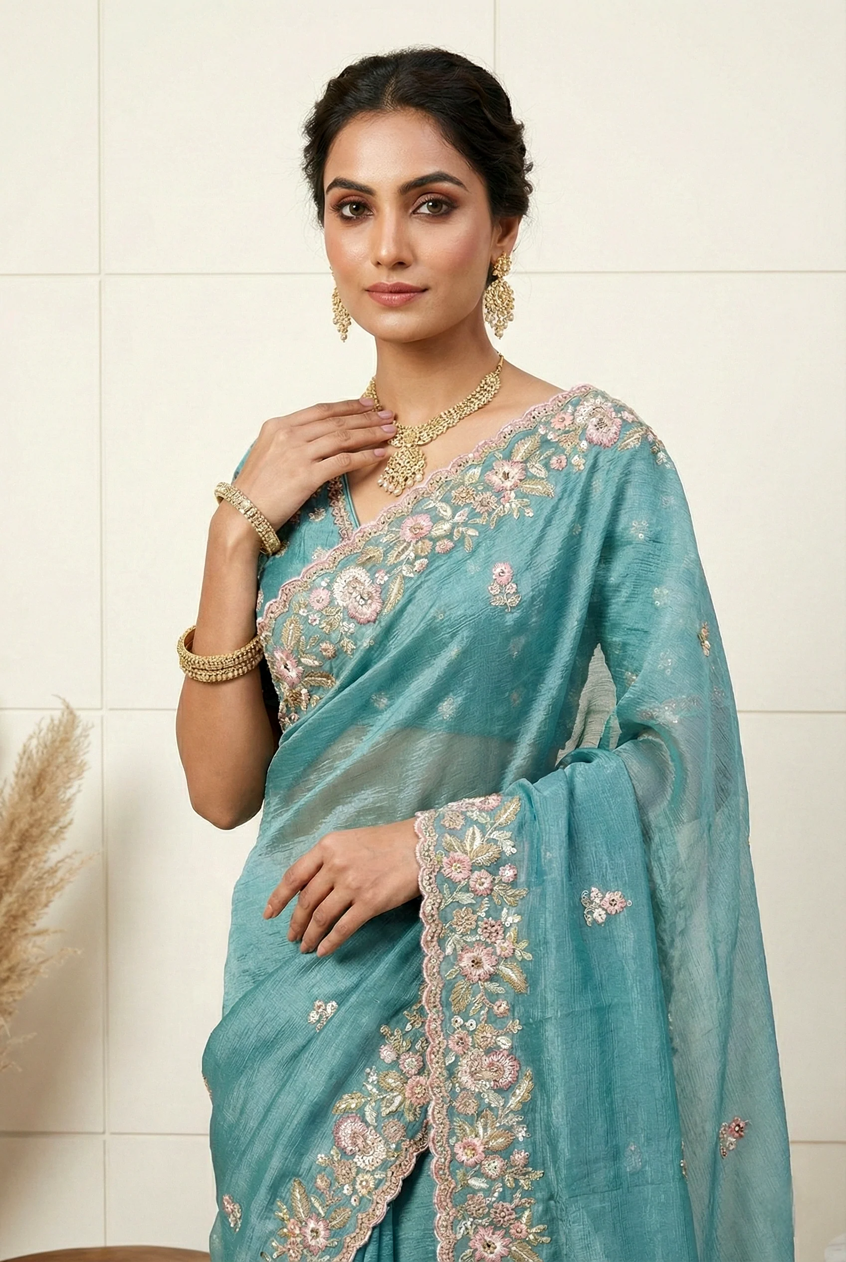 Blue Georgette Floral Embroidery Saree - Image 2