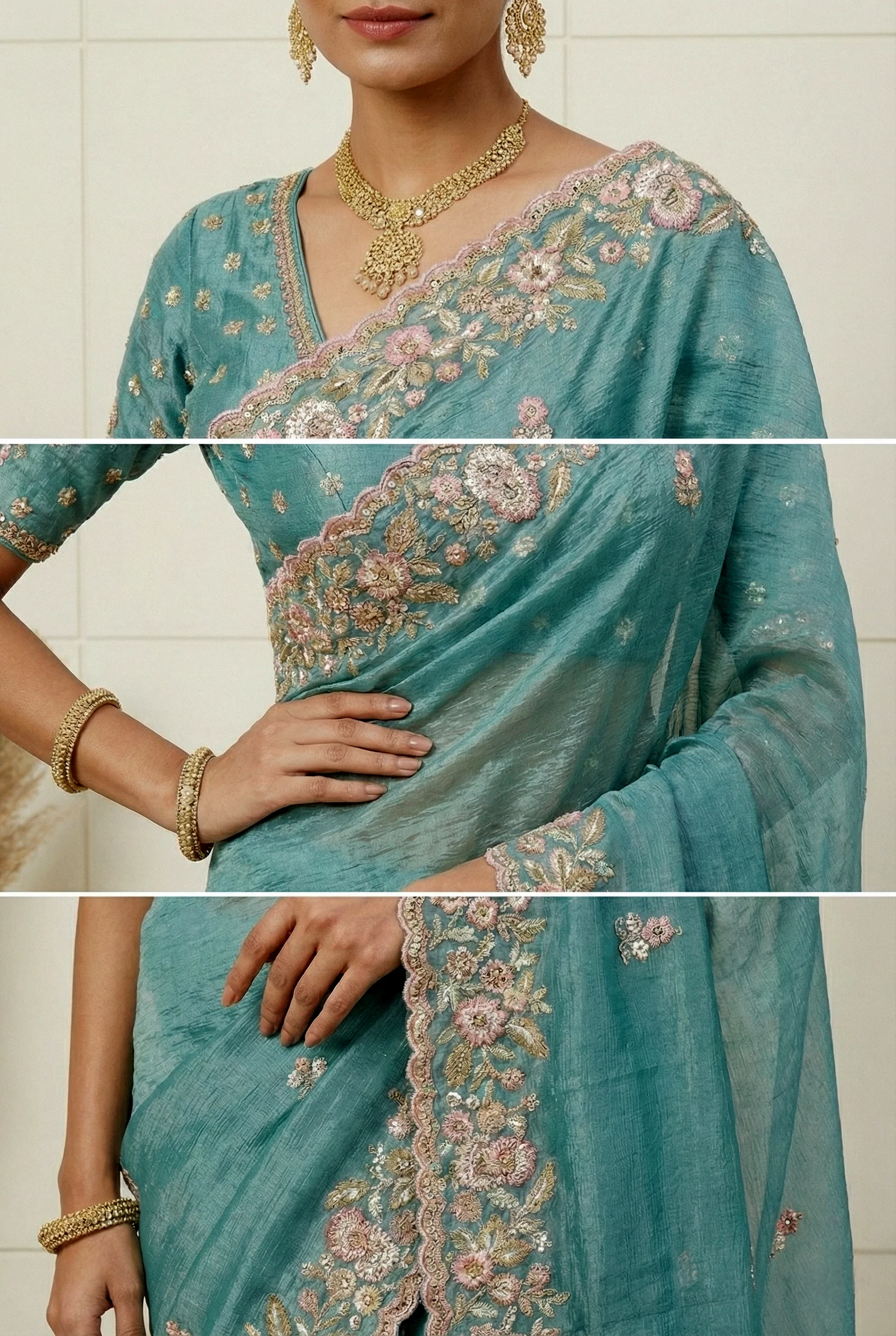 Blue Georgette Floral Embroidery Saree - Image 3