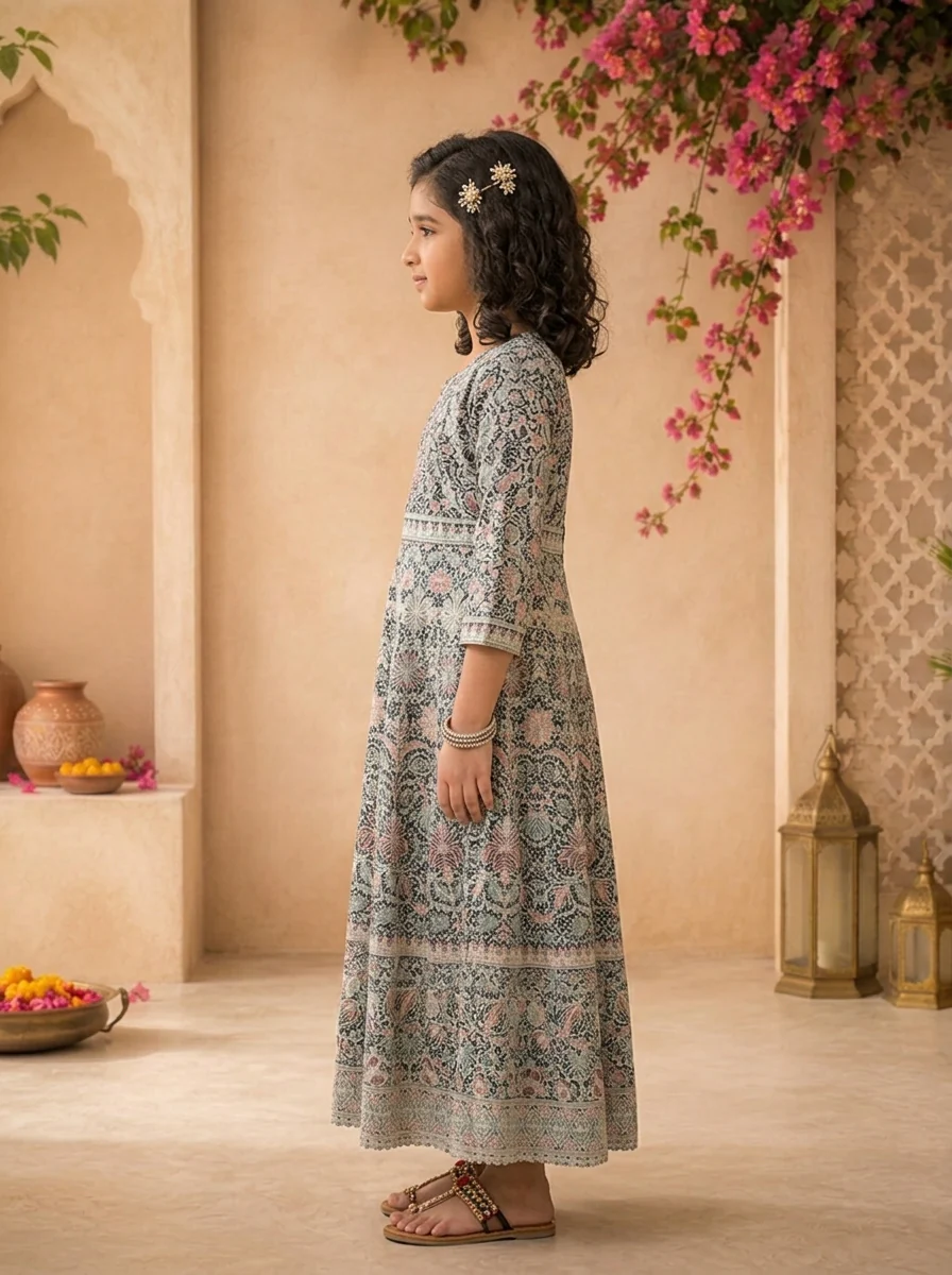 Blue Georgette Traditional Ajrakh Block Embroidered Dress - Image 3