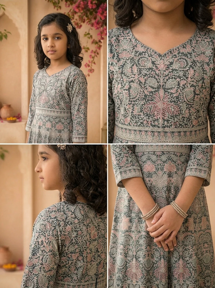 Blue Georgette Traditional Ajrakh Block Embroidered Dress - Image 5