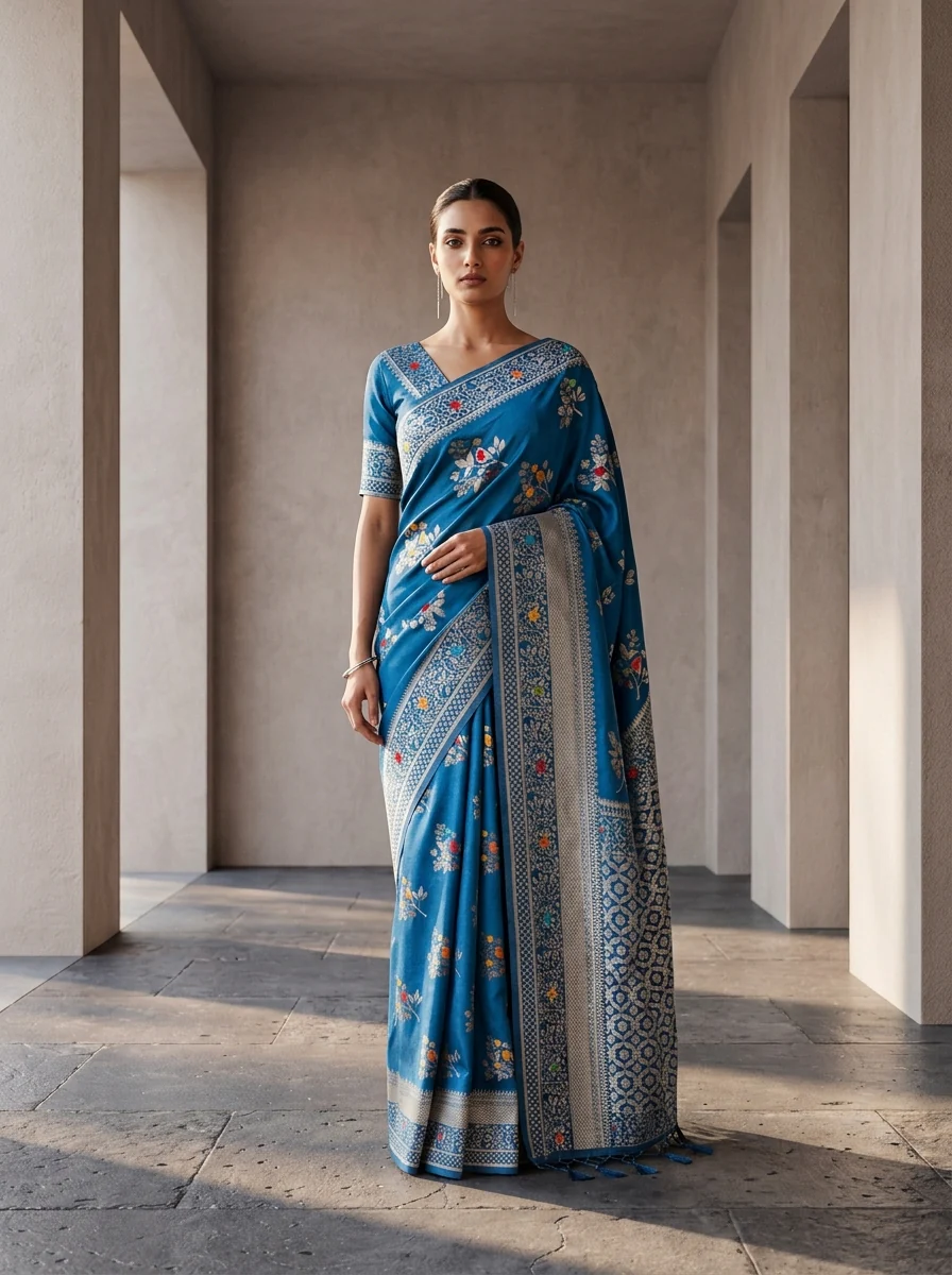 Blue Heavy Floral Design Weaved Silk Saree - Image 2