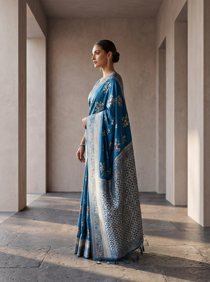 Blue Heavy Floral Design Weaved Silk Saree - Image 3