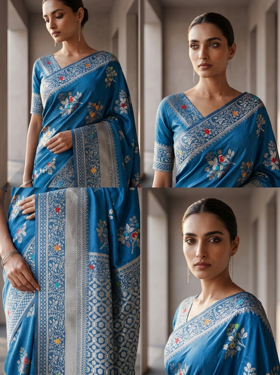 Blue Heavy Floral Design Weaved Silk Saree - Image 4