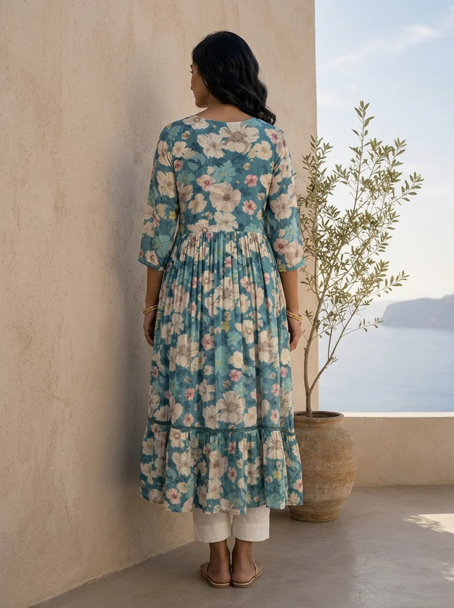 Blue Heavy Floral Printed And Sequins Embroidered Crepe Long Dress - Image 2