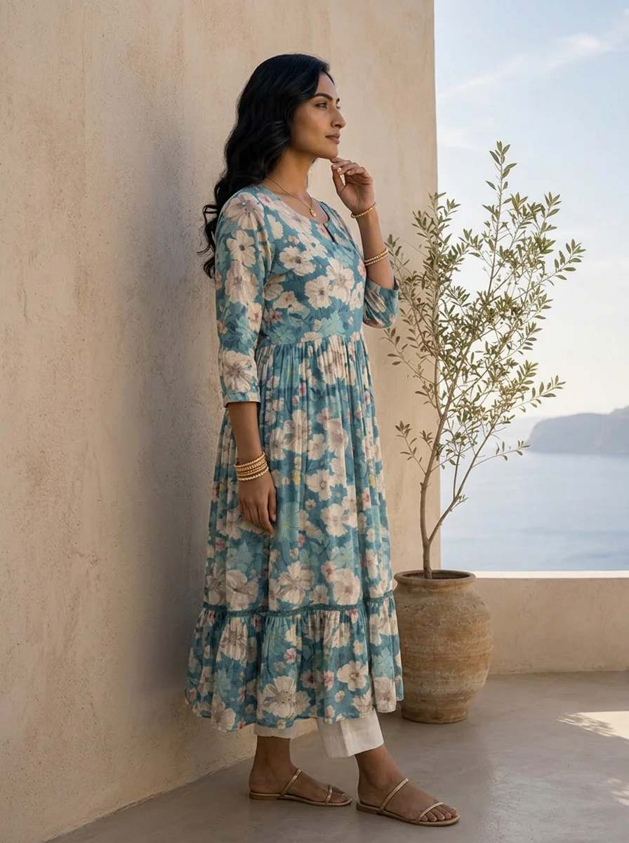 Blue Heavy Floral Printed And Sequins Embroidered Crepe Long Dress - Image 3