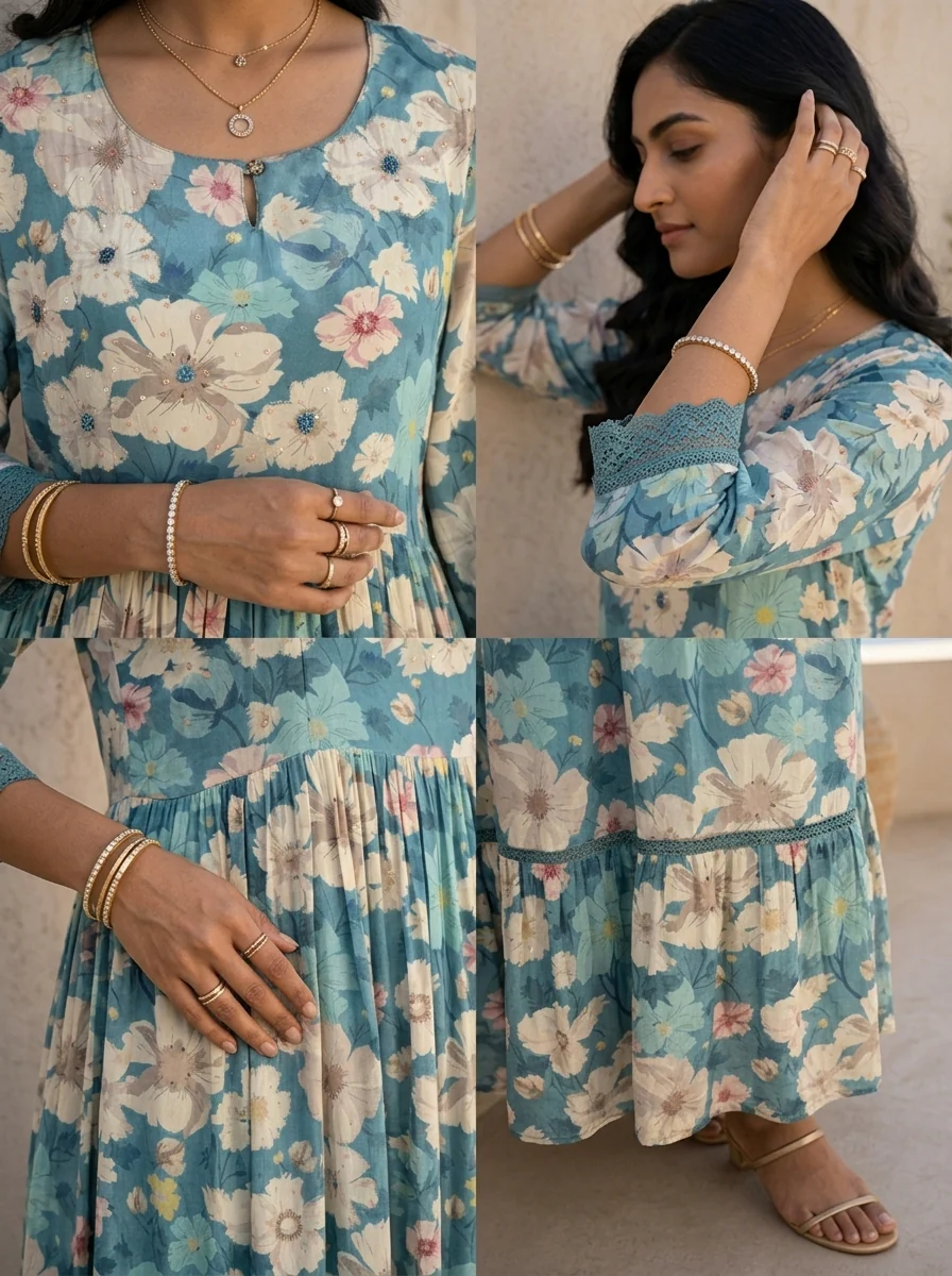 Blue Heavy Floral Printed And Sequins Embroidered Crepe Long Dress - Image 5