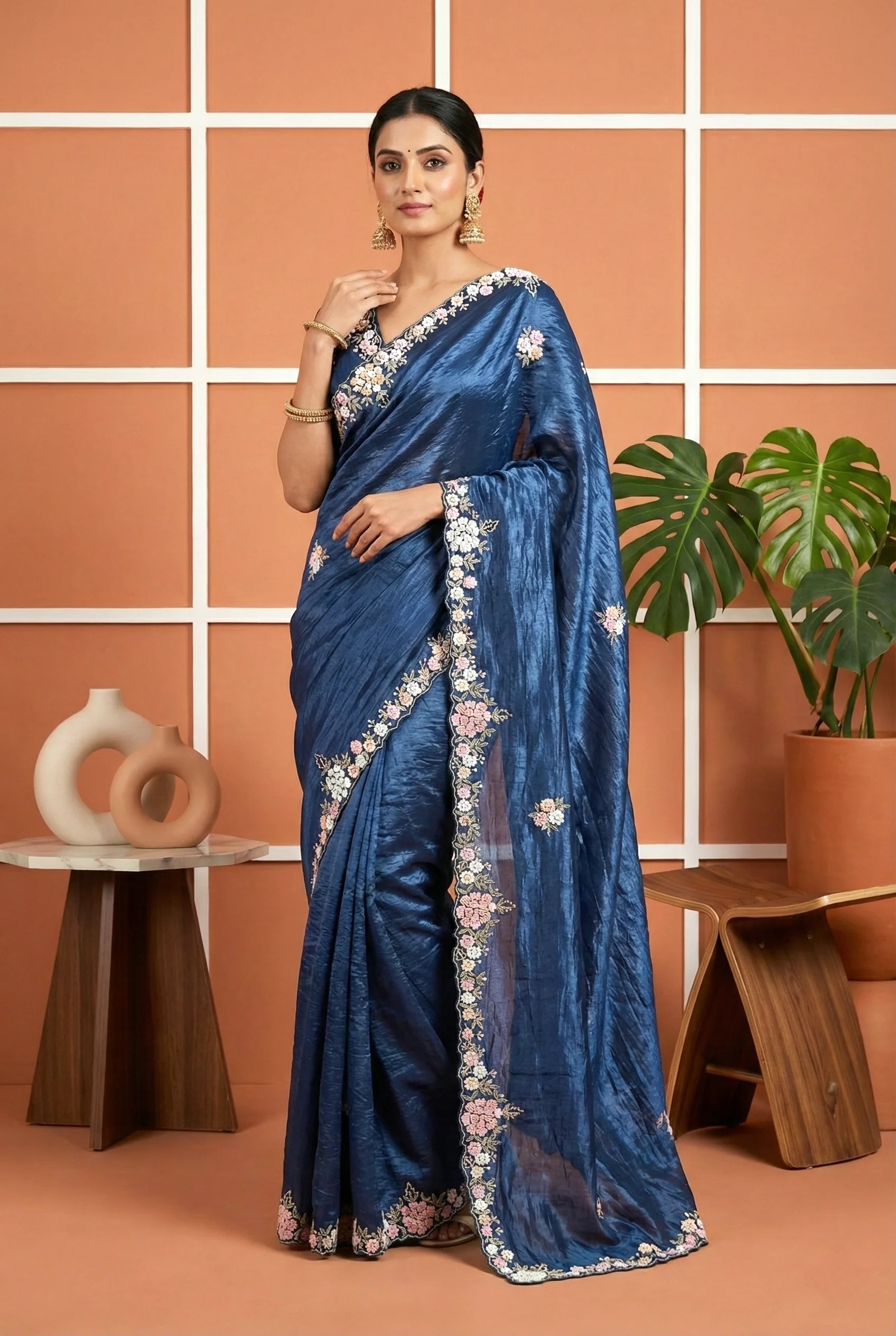 Blue Heavy Sequins Embroidered Organza Saree