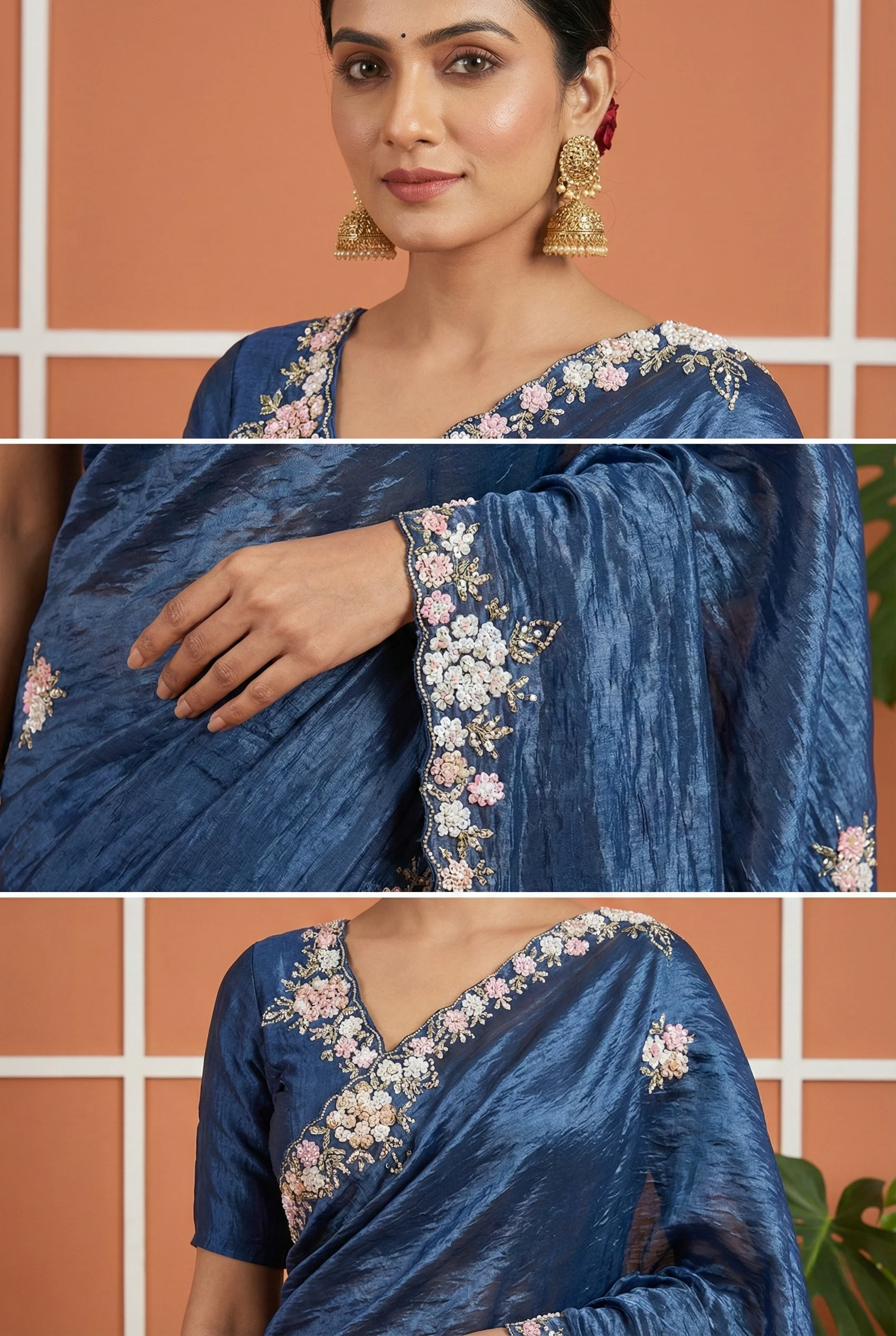 Blue Heavy Sequins Embroidered Organza Saree - Image 2