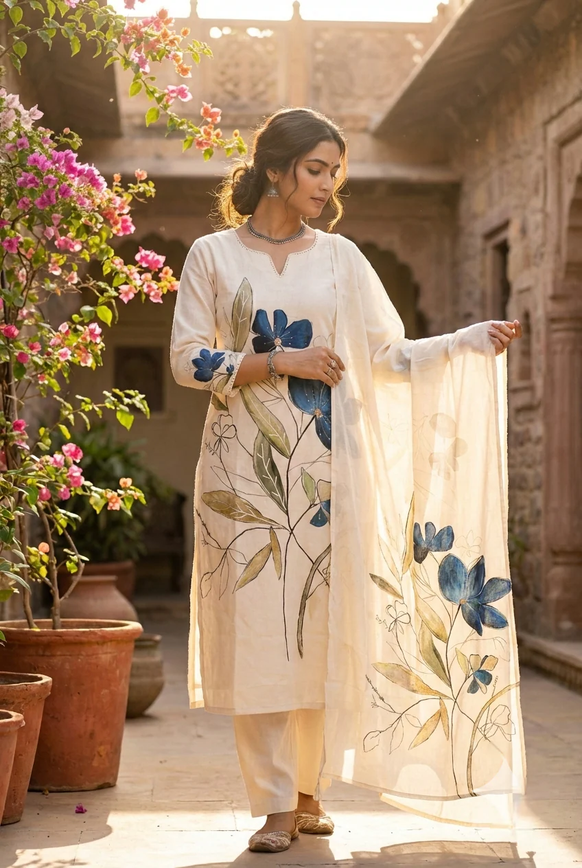 Blue Linen Floral Printed Three Piece Set