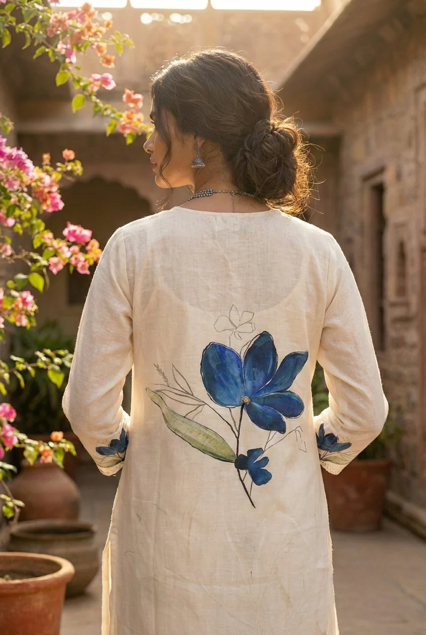 Blue Linen Floral Printed Three Piece Set - Image 2