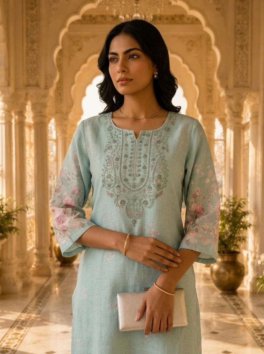 Blue Linen Floral Printed Two Piece Set - Image 4