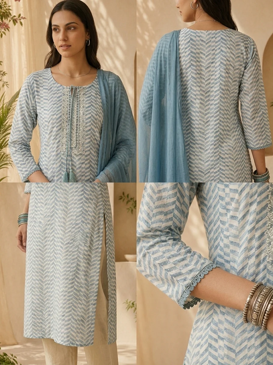 Blue Linen Mirror Embroidery And Striped Design Three Piece Set - Image 5