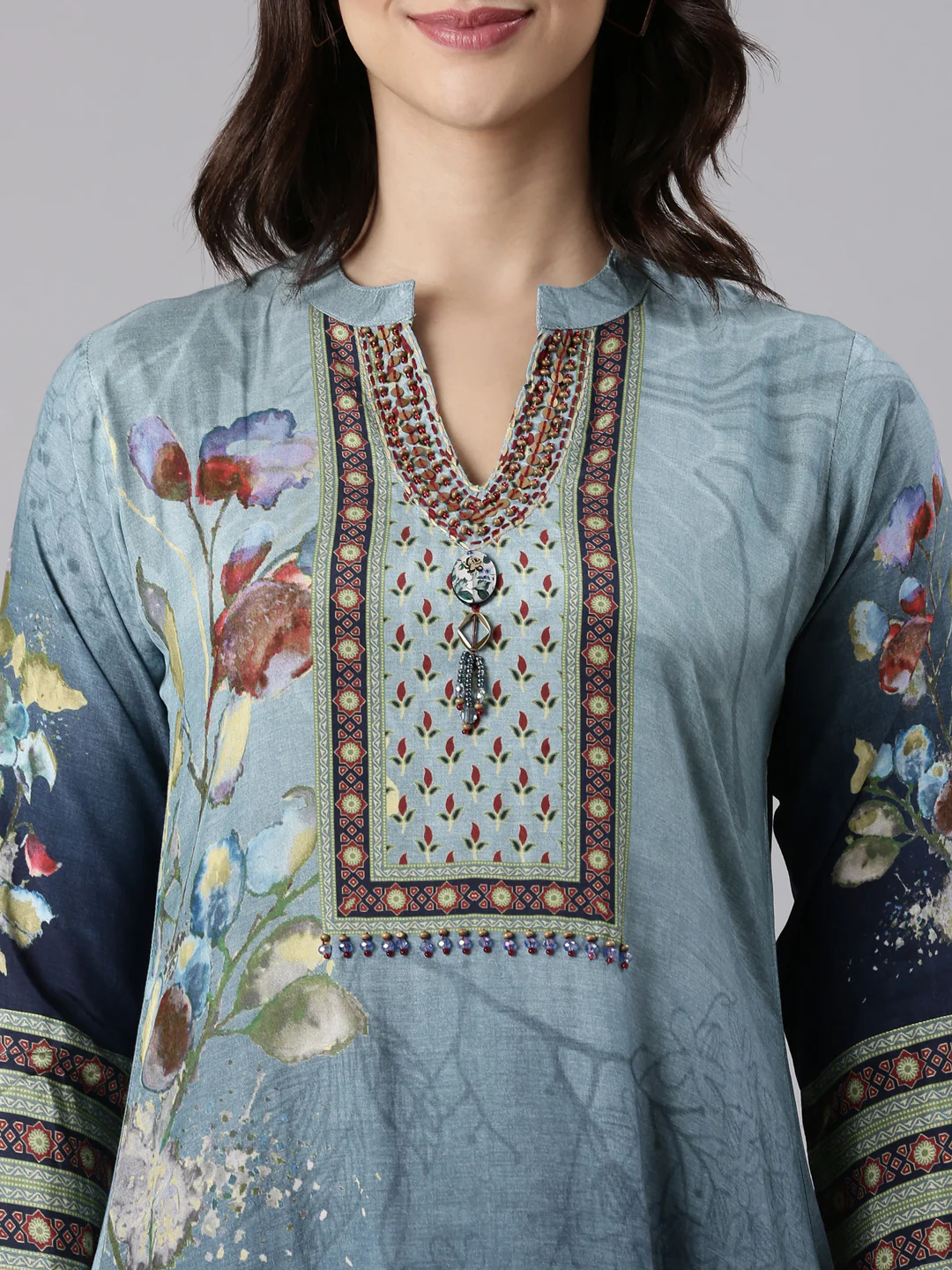 Blue Muslin Printed A-Line Three Piece Set - Image 4