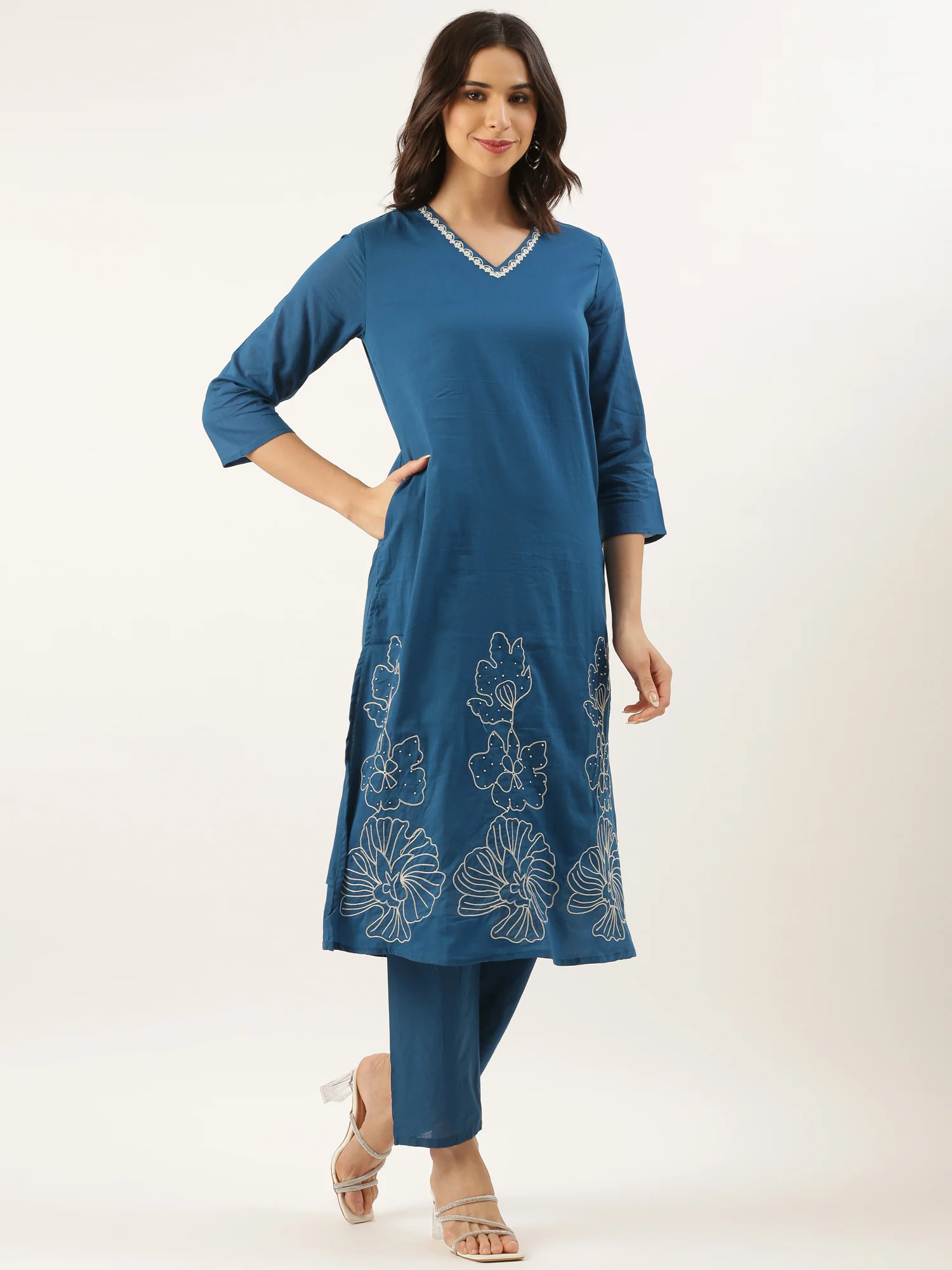 Blue Rayon Embroidery Three Piece Suit Set - Image 2
