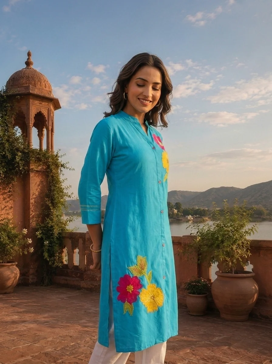 Blue Rayon Floral Applique Embroidered Kurta - Image 4