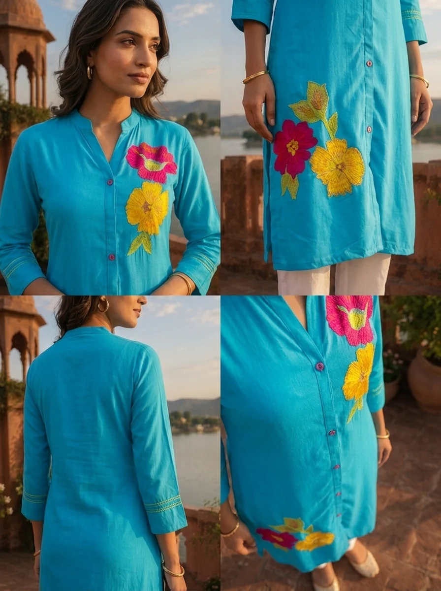 Blue Rayon Floral Applique Embroidered Kurta - Image 5