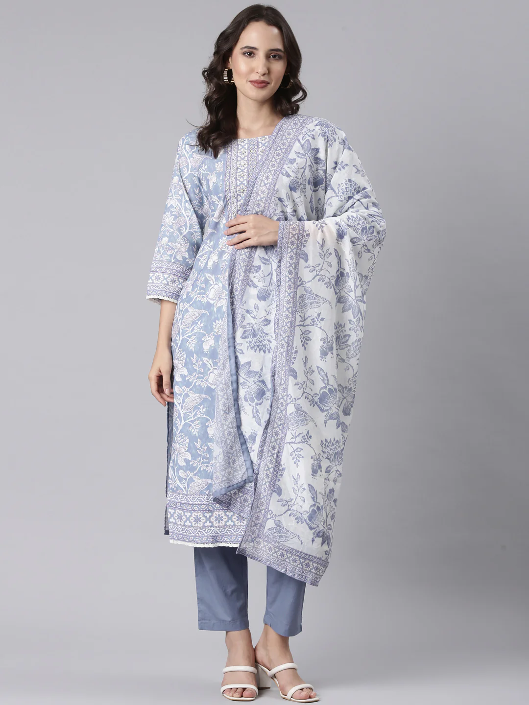 Blue Rayon Printed Three Piece Set - Image 5