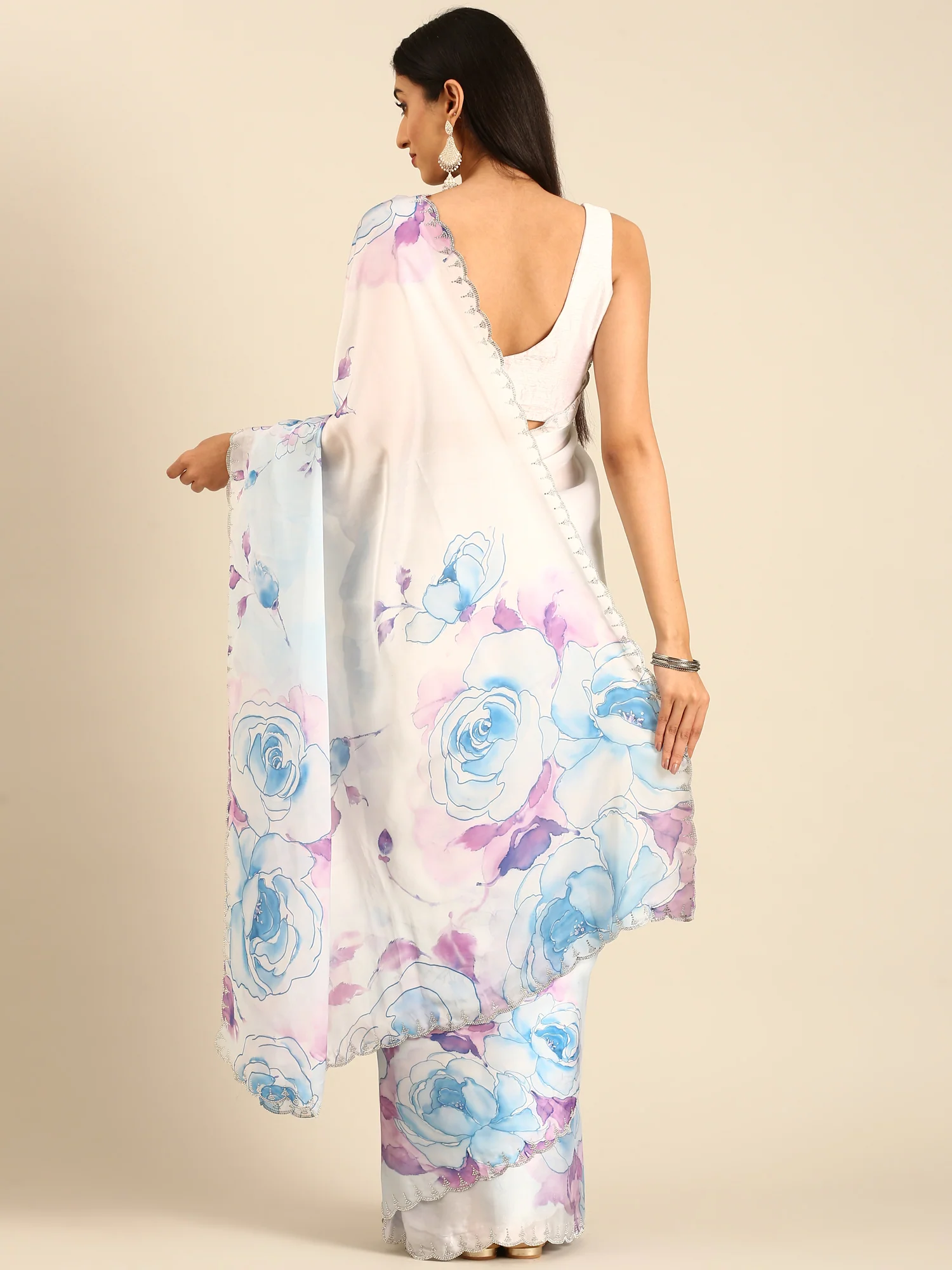 Blue satin floral printed saree with Swarovski embroidery - Image 2