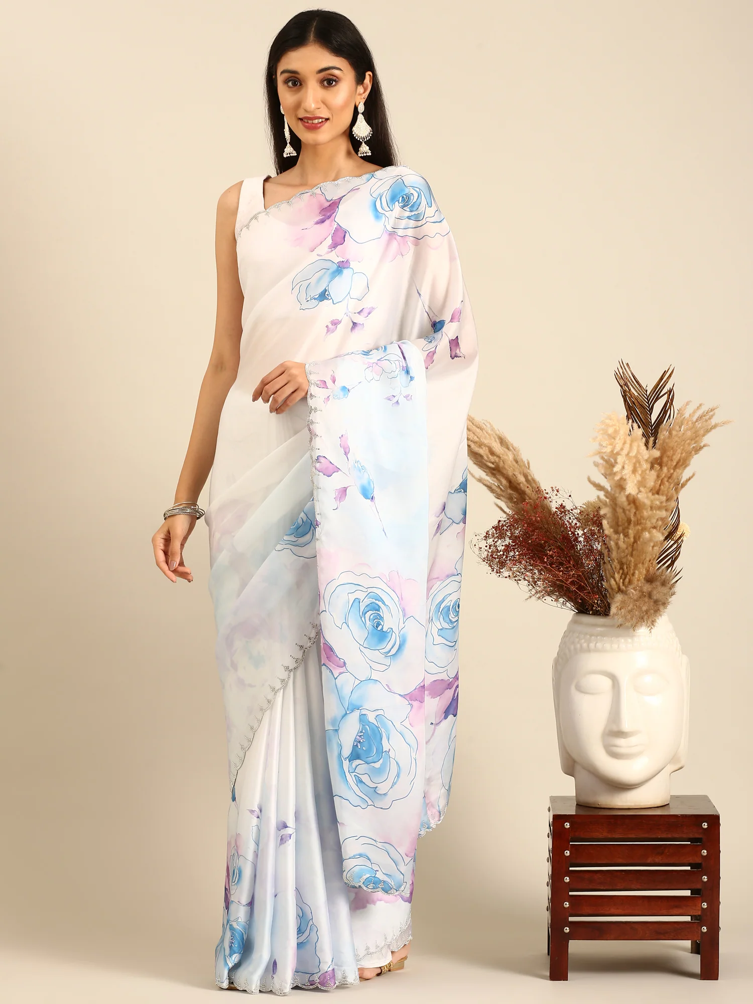 Blue satin floral printed saree with Swarovski embroidery - Image 4