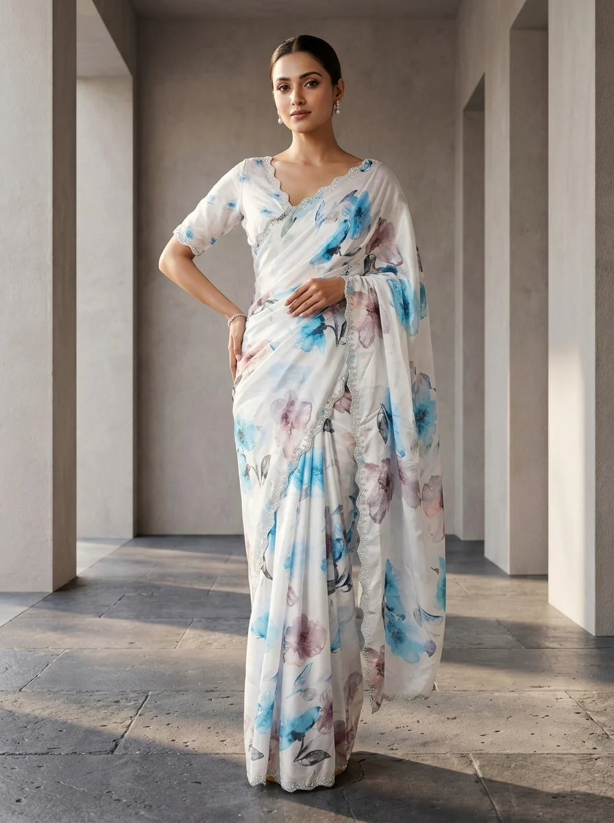 Blue Satin Printed And Stone Embroidery Saree