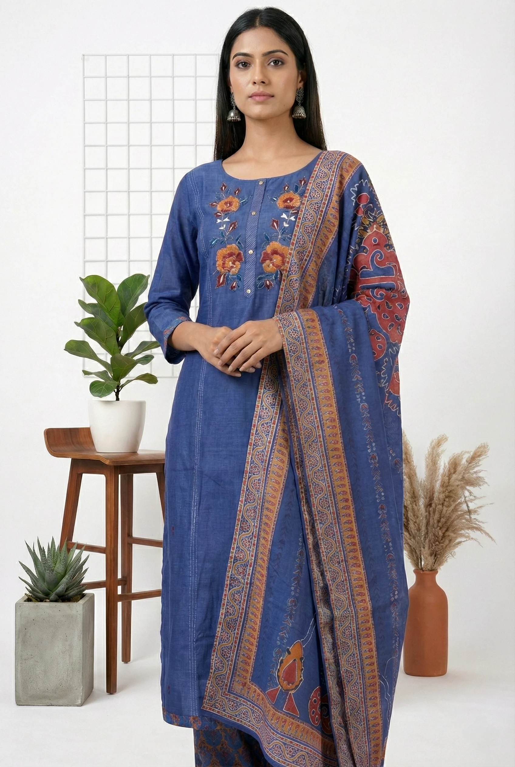 Blue Silk Floral Thread Embroidery Three Piece Set - Image 3