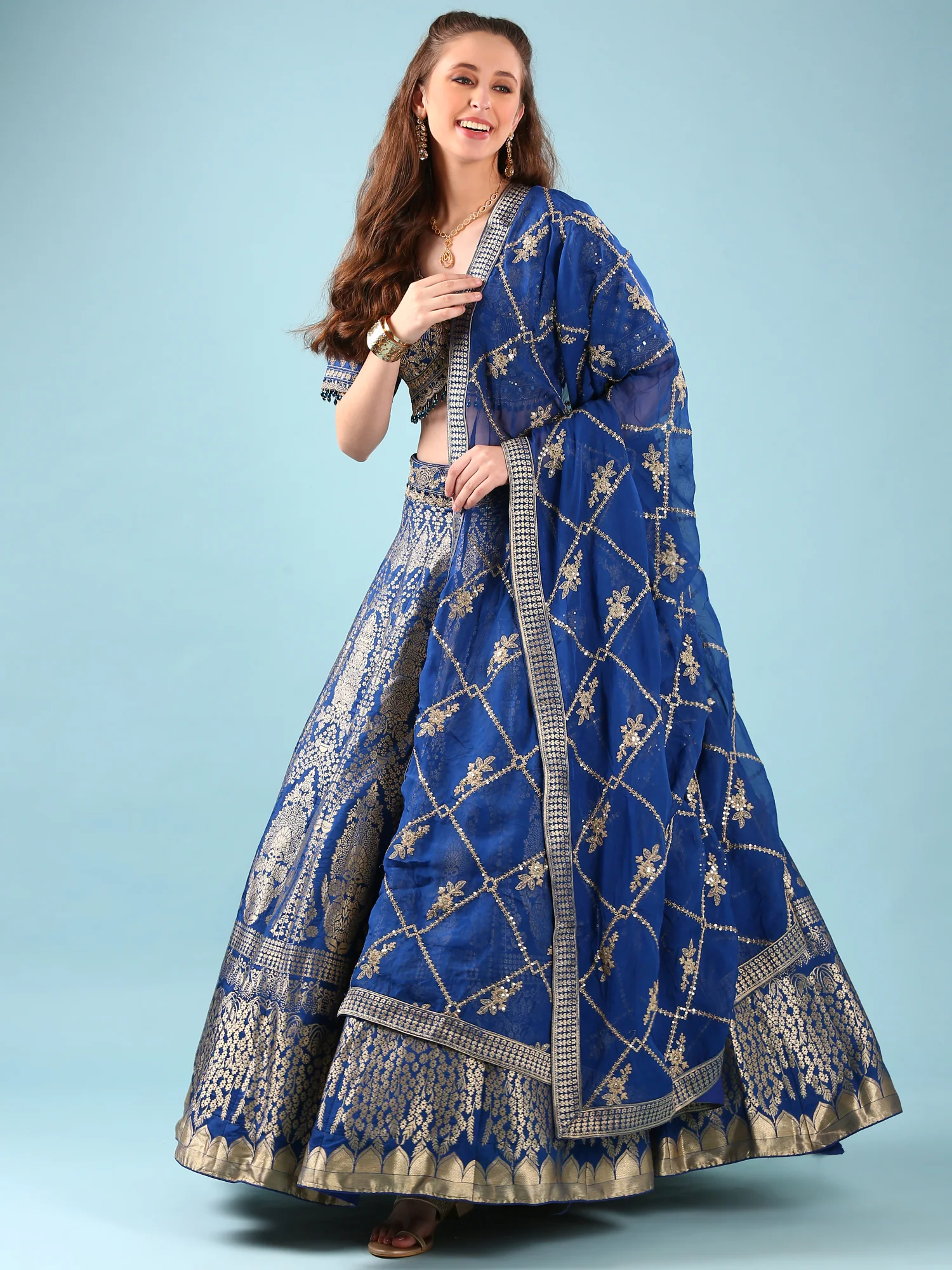 Blue Silk Hand Embroidery Ghagra Set - Image 5