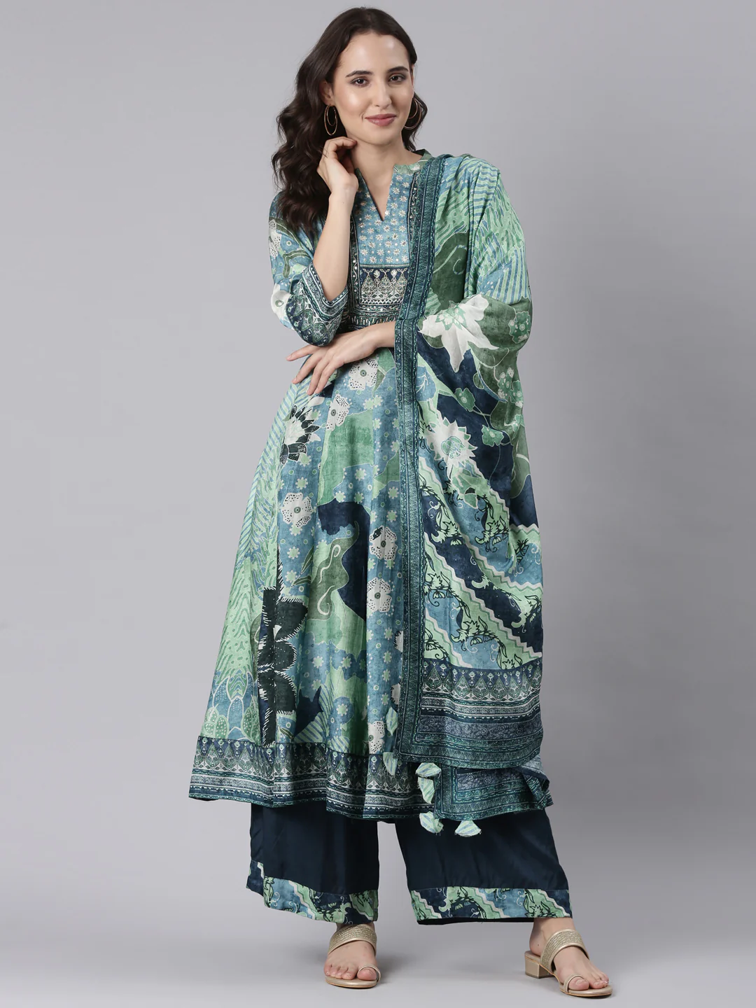Blue Silk Printed Anarkali With Palazzo Three Piece Set - Image 5