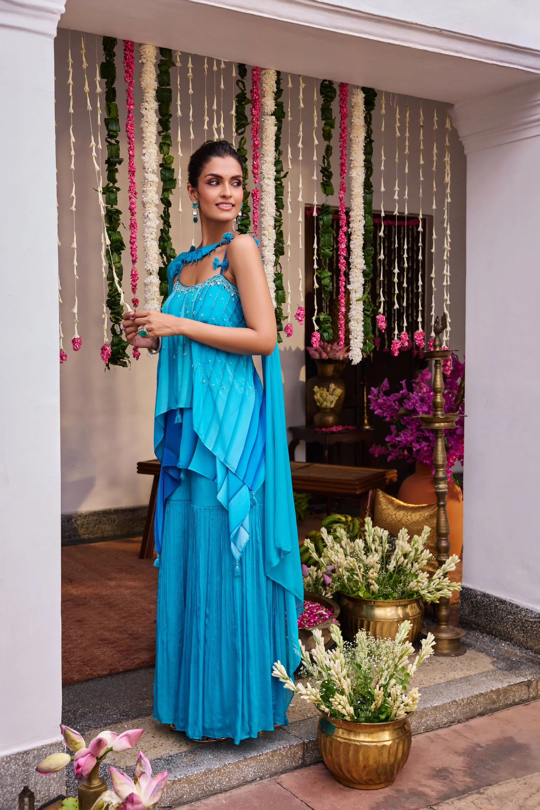 Blue Silk Printed Peplum Set With Palazoo - Image 3