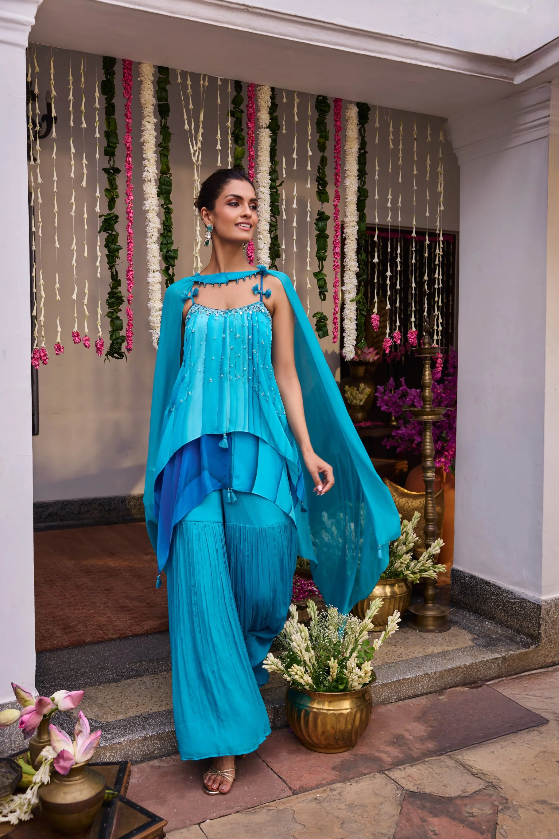 Blue Silk Printed Peplum Set With Palazoo - Image 4