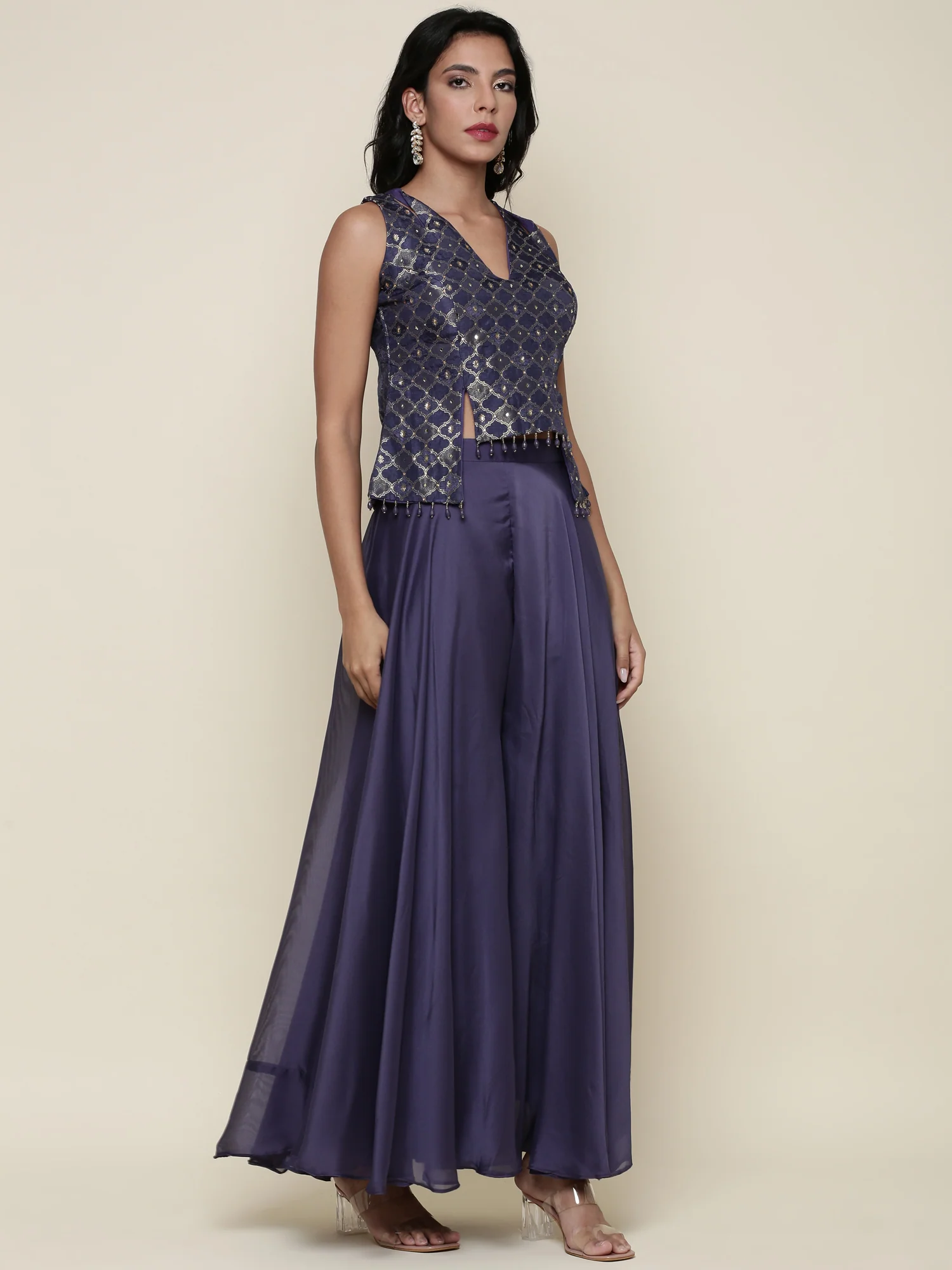 Blue tissue crop top and palazzo Three piece set - Image 2