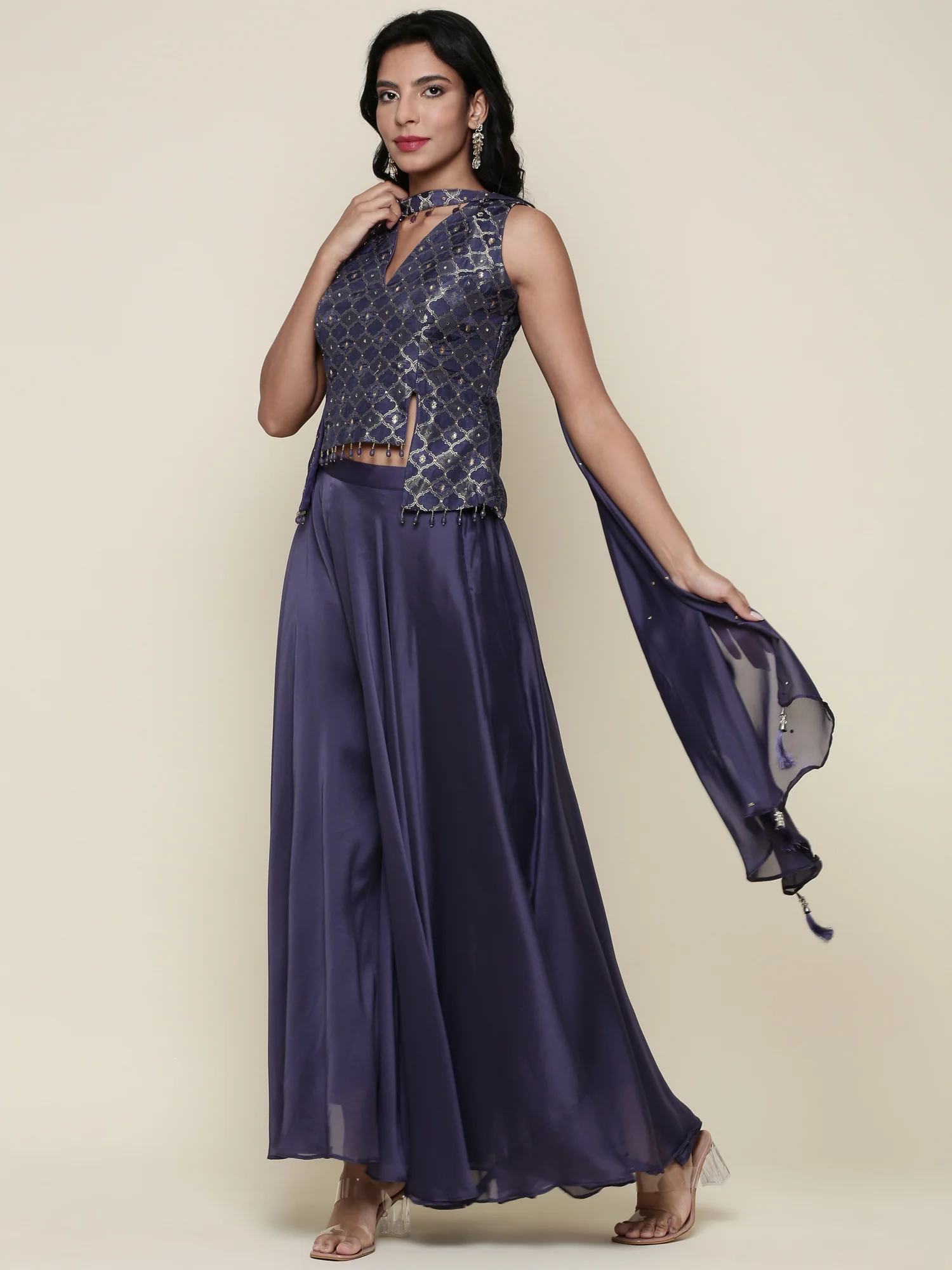 Blue tissue crop top and palazzo Three piece set - Image 6