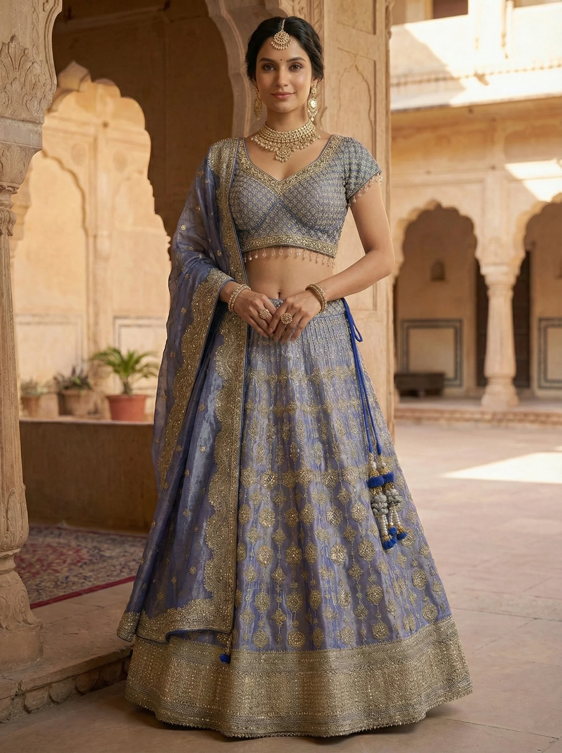Blue Tissue Hand Embroidery Ghagra Set - Image 2