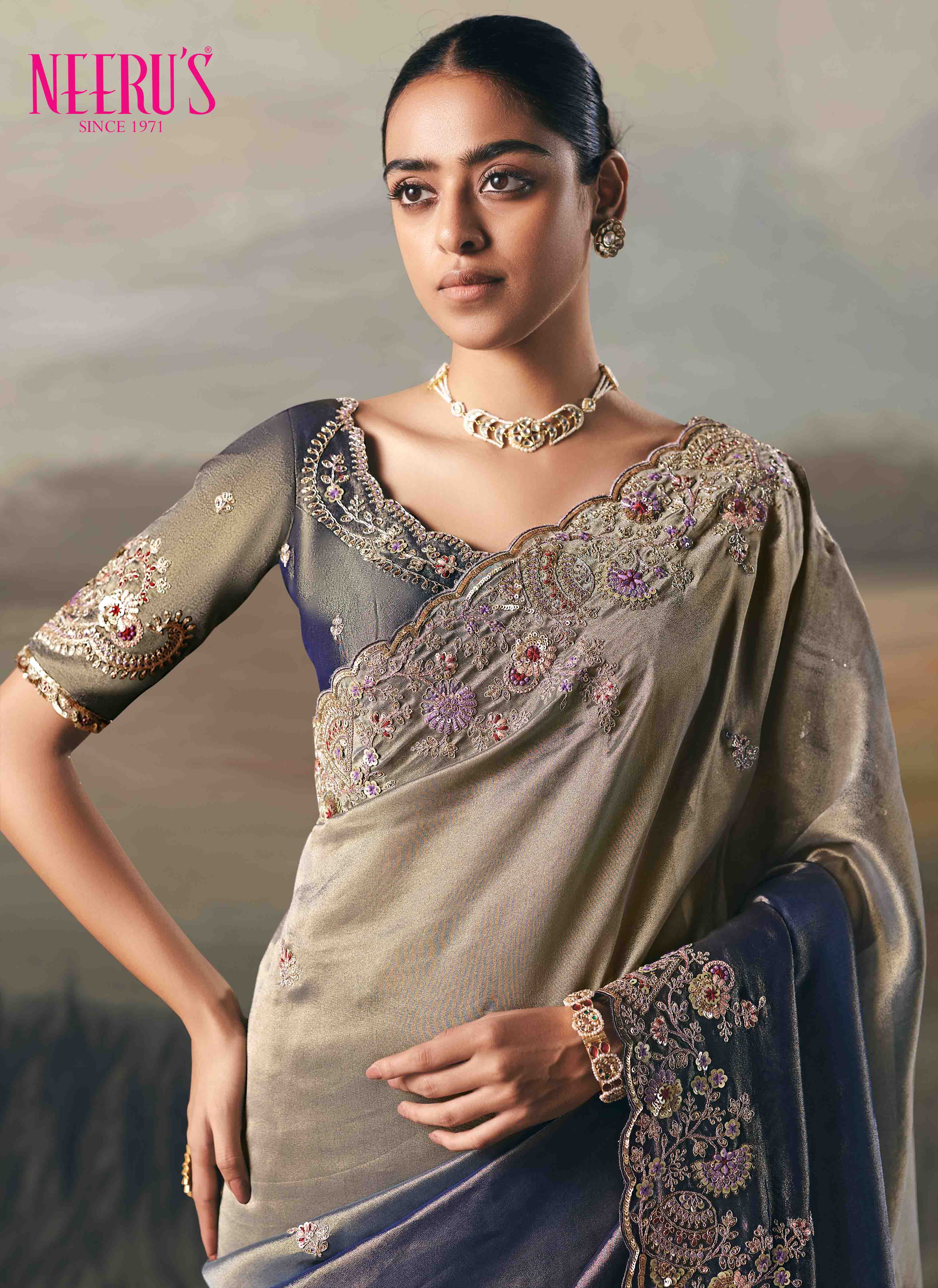 Blue Tissue Saree With Hand Embroidery Work - Image 2