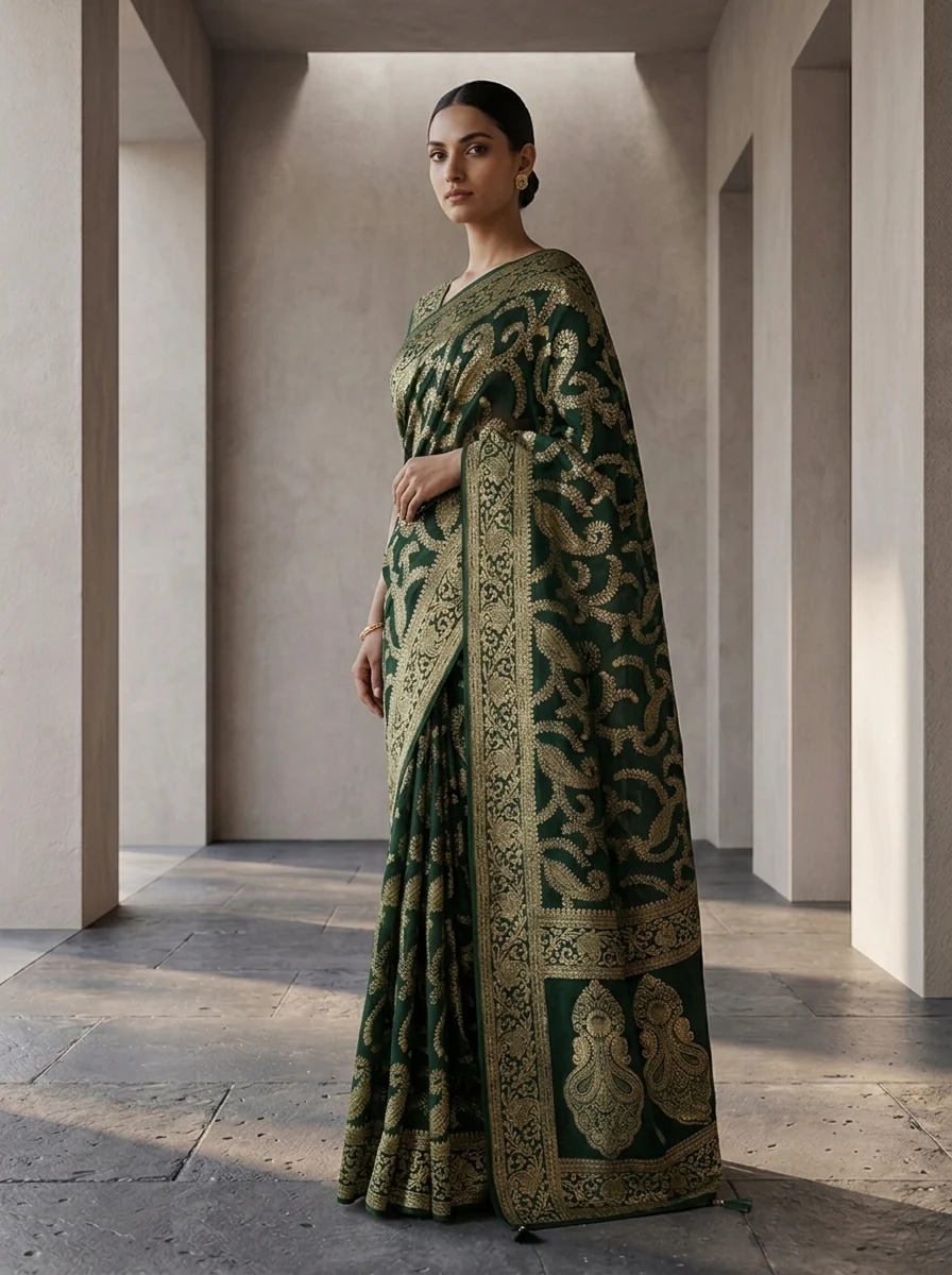 Bottle Green Banaras Floral Design Weaved Saree - Image 2