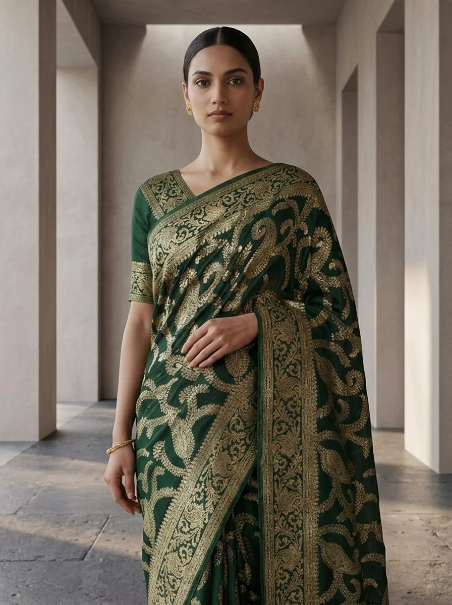 Bottle Green Banaras Floral Design Weaved Saree - Image 3