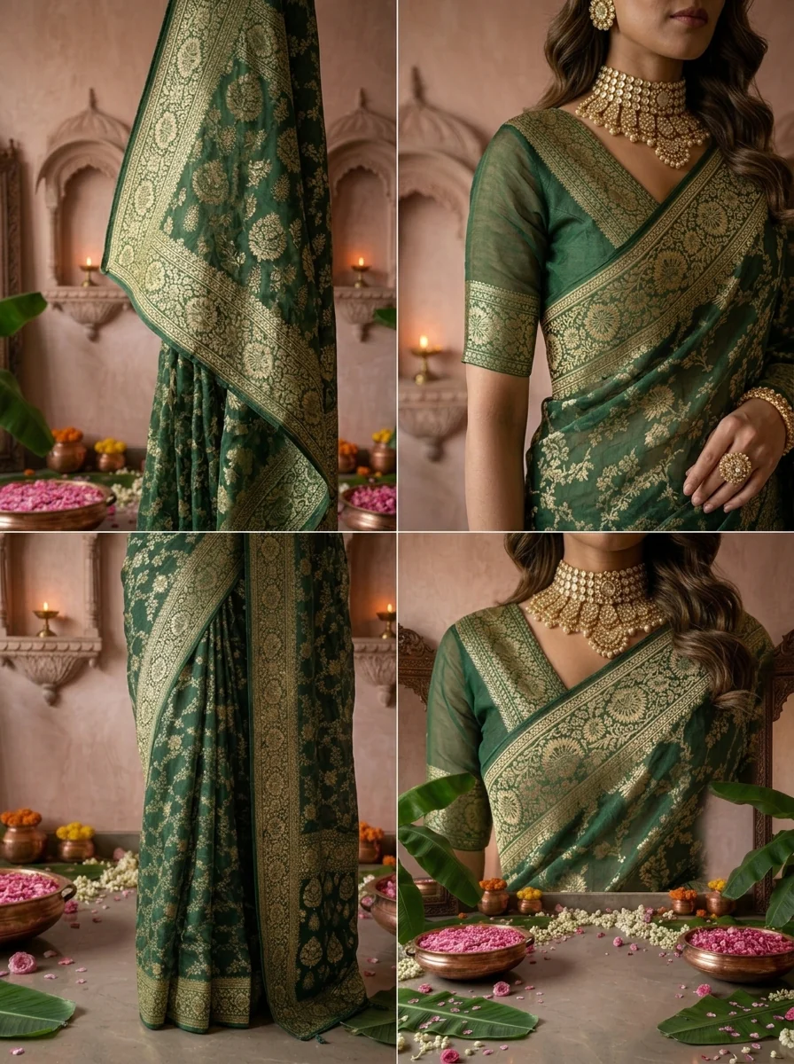 Bottle Green Banaras Floral Design Weaved Saree - Image 4